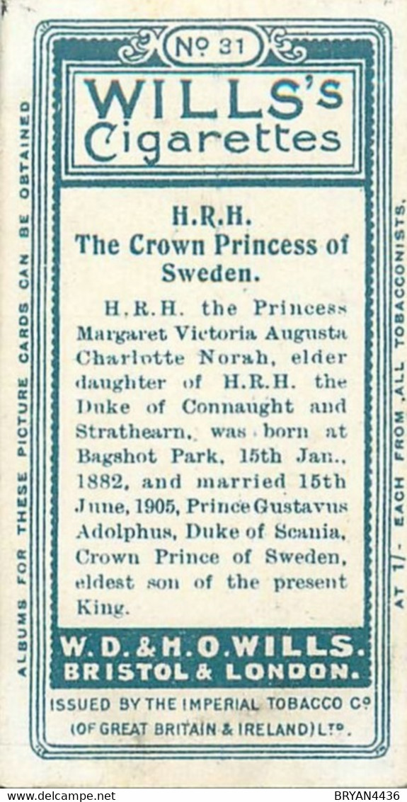 CARTE CIGARETTES  WILLS - H. R. H. THE CROWN PSS OF SWEDEN - TRES BON ETAT - Wills