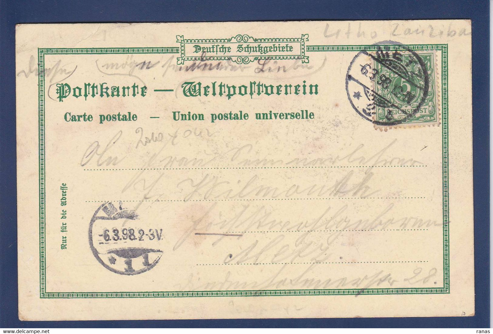 CPA Zanzibar Afrique De L'est Litho Gruss Circulé En 1898 Dar Es Salam Allemagne Germany - Non Classés