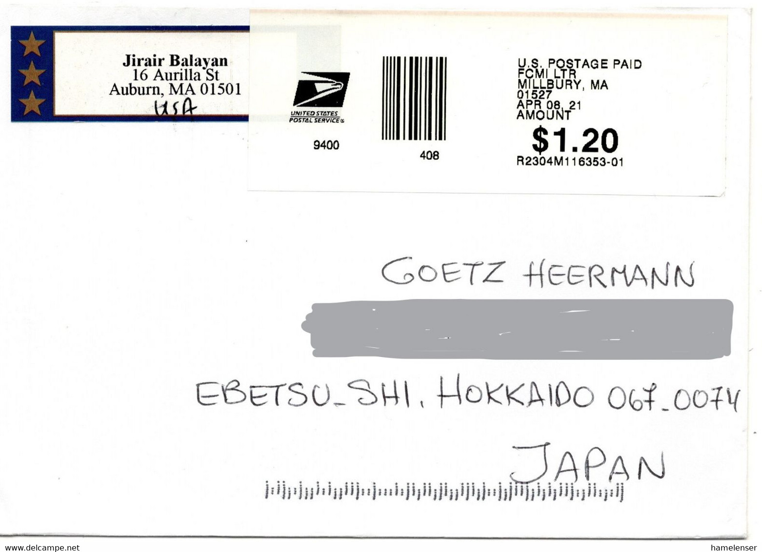 56997 - USA - 2021 - $1.20 Schalterfreistempel A Bf MILLBURY, MA -> Japan - Covers & Documents