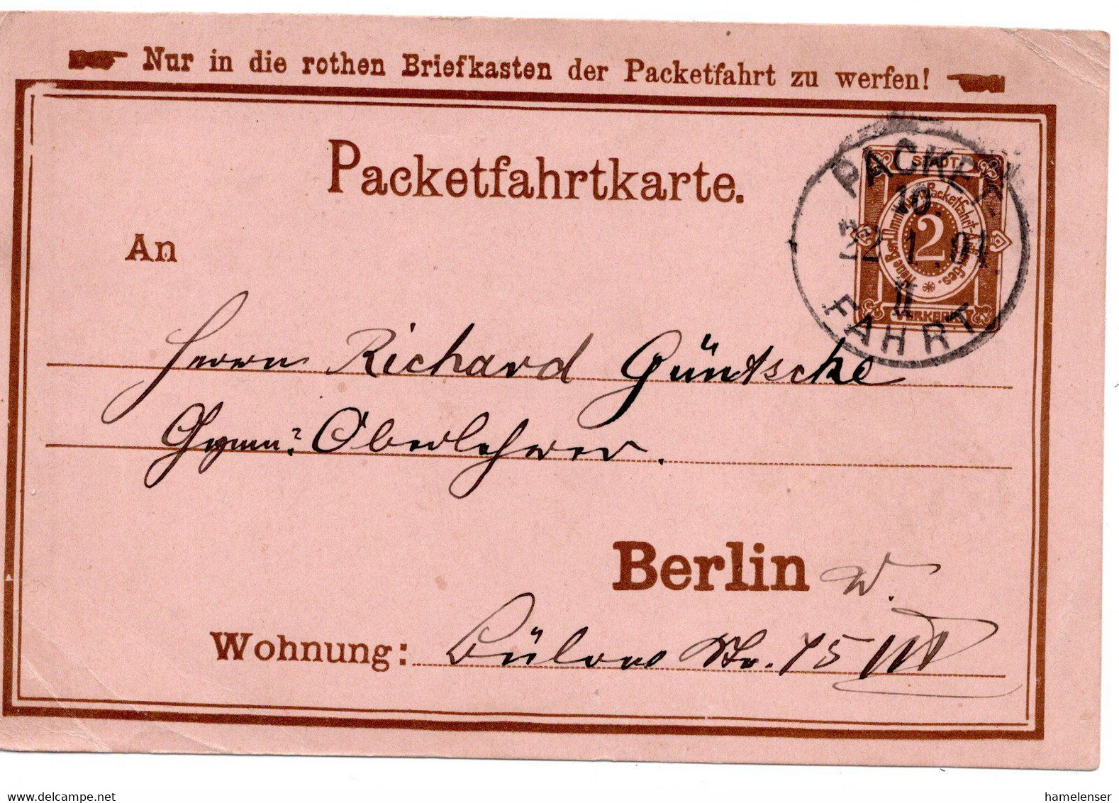 57004 - Deutsches Reich / Privatpost / Berlin - 1891 - 2Pfg. GAKte. PACKETFAHRT - Postes Privées & Locales