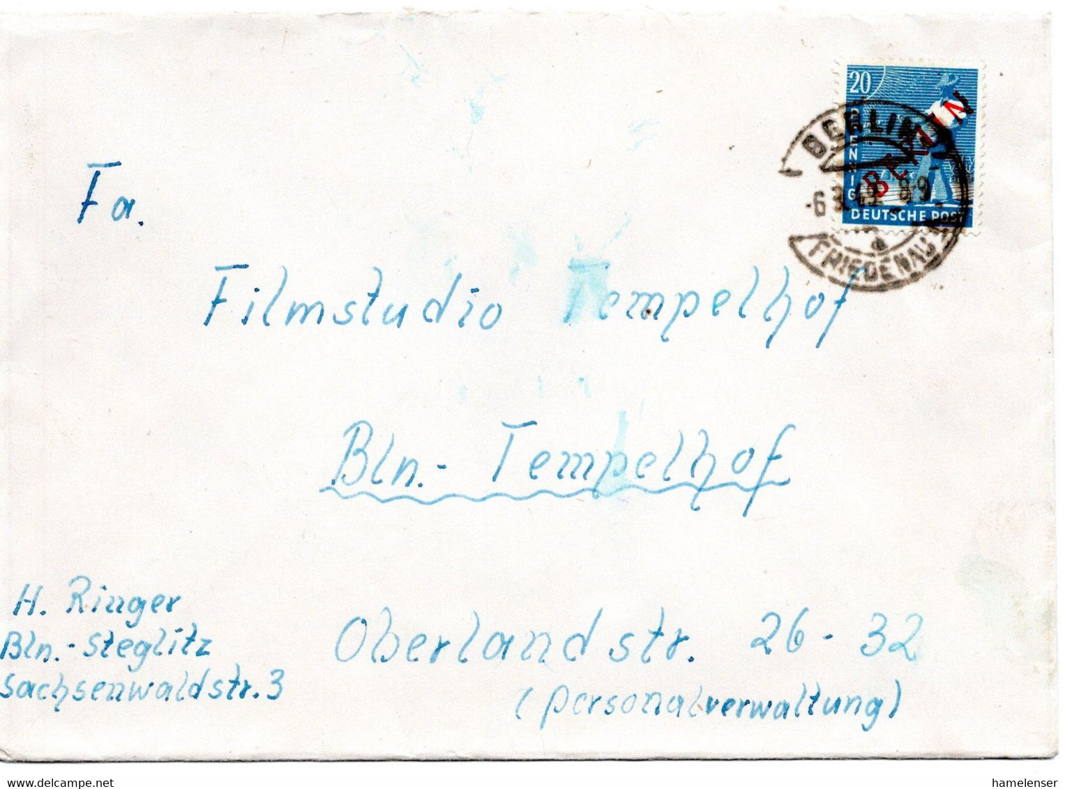 57022 - Berlin - 1949 - 20Pfg. Rotaufdruck EF A Bf Innerh. V. BERLIN - Covers & Documents