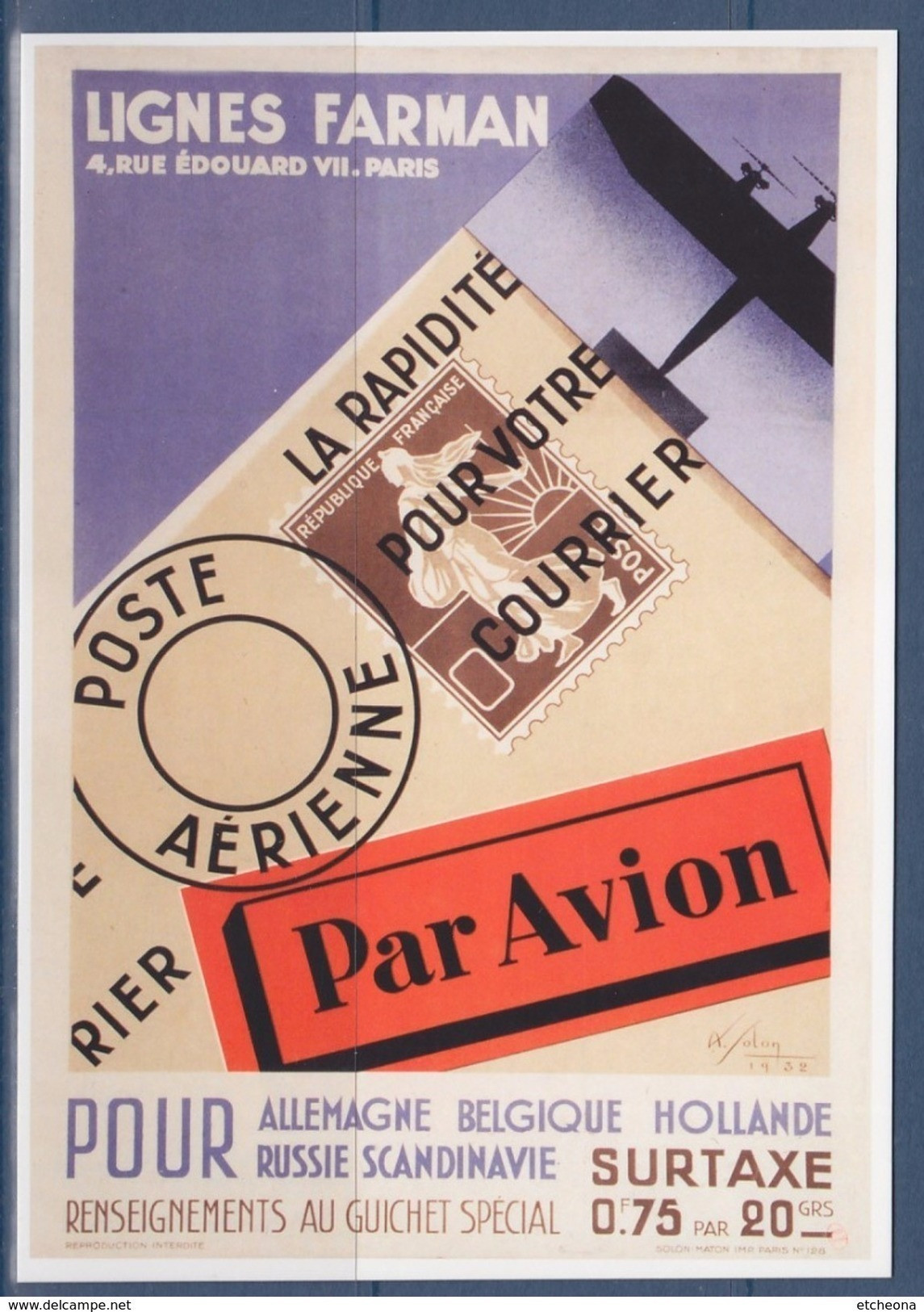 Entier Type MonTimbraMoi Monde 20g Carte Postale Poste Aérienne Lignes Farman Par Avion Philaposte - Listos A Ser Enviados: Otros (1995-...)