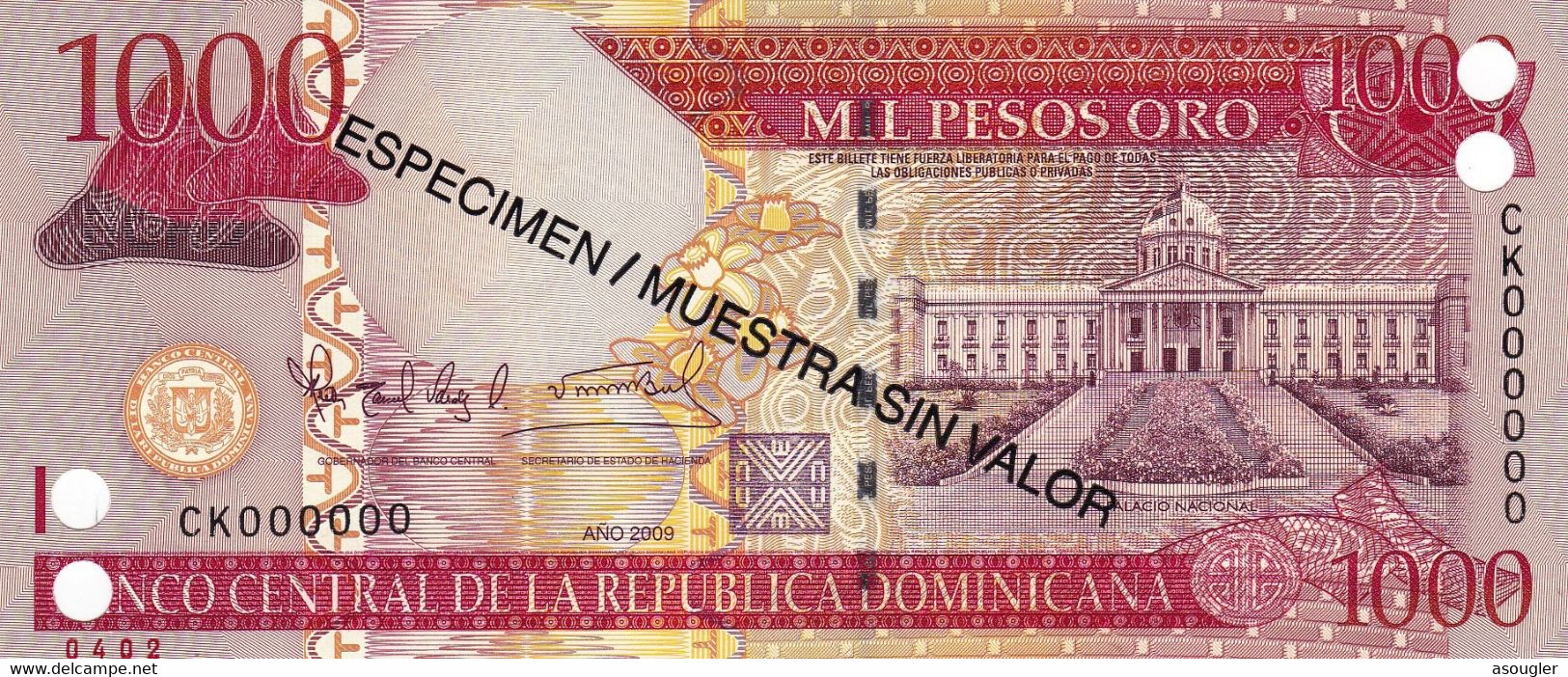 Dominican Republic 1000 Pesos 2009 SPECIMEN UNC P-180s2 "free Shipping Via Registered Air Mail" - Dominicaine