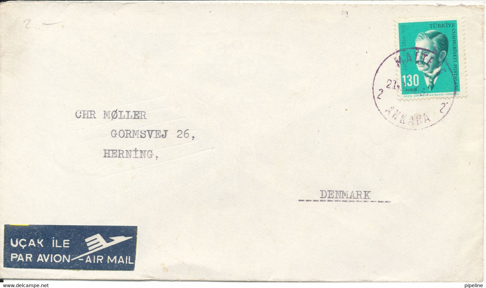 Turkey Cover Sent Air Mail To Denmark Maitepe 1965 Single Franked - Lettres & Documents