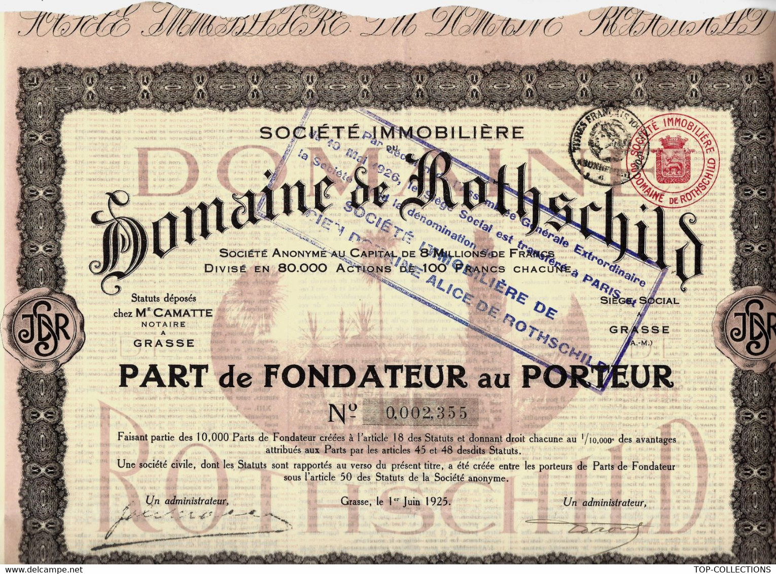 1925 RARE ACTION IMMOBILERE (Alice) DE ROTHSCHILD GRASSE TOUS COUPONS PRESENTS Cotation 60 à 80 Euros B.E - Tourismus