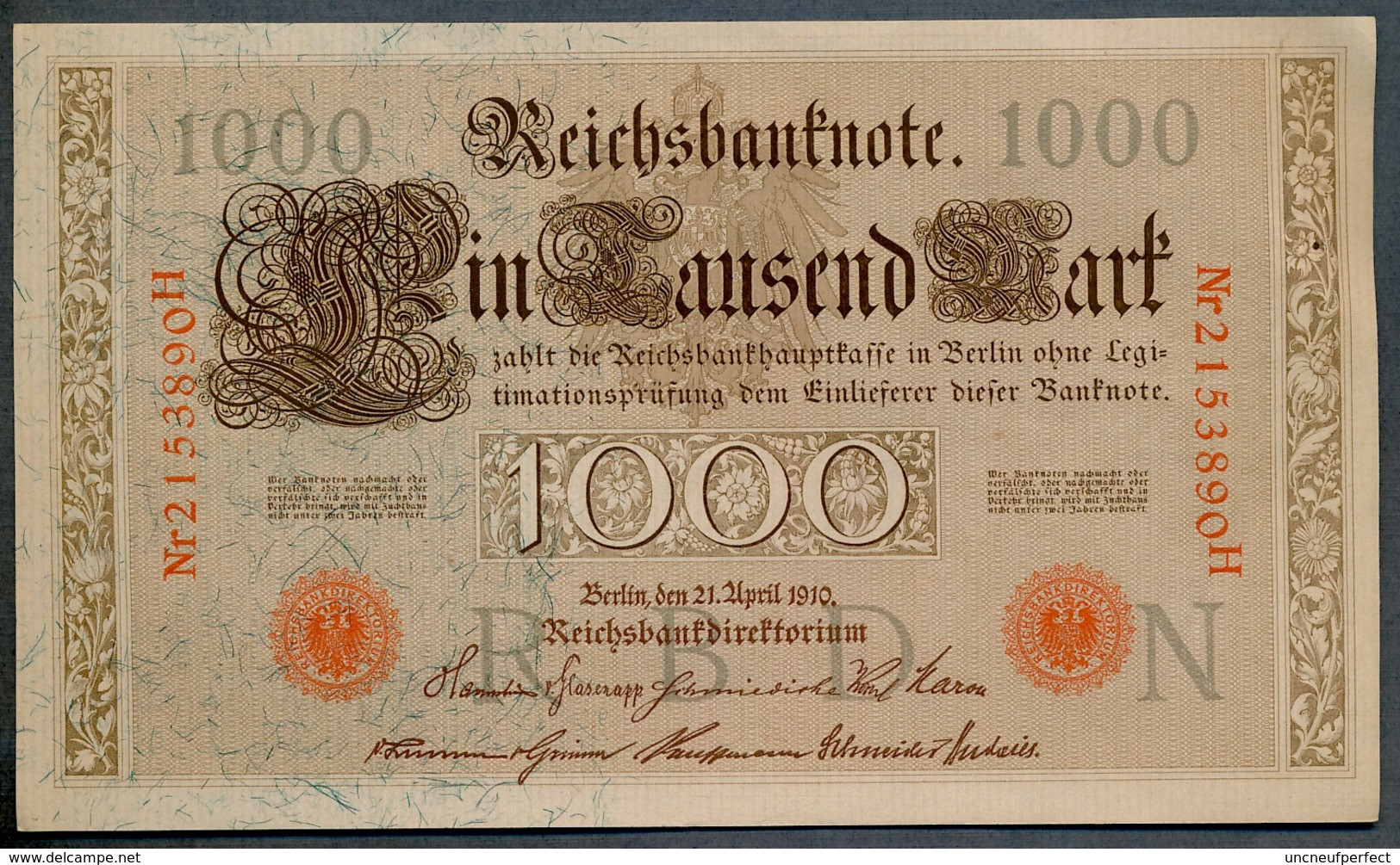 P44b Ro 45c DEU-40c  7 Chifres N°2153890  *** AUNC *** Lettre N  1000 Mark 1910 - 1.000 Mark