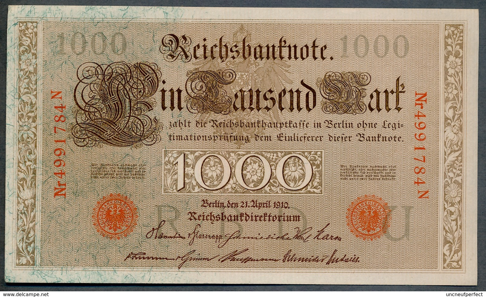 P44b Ro 45c DEU-40c  7 Chifres N°4991784N *** UNC NEUF *** Lettre  U  1000 Mark 1910 - 1000 Mark