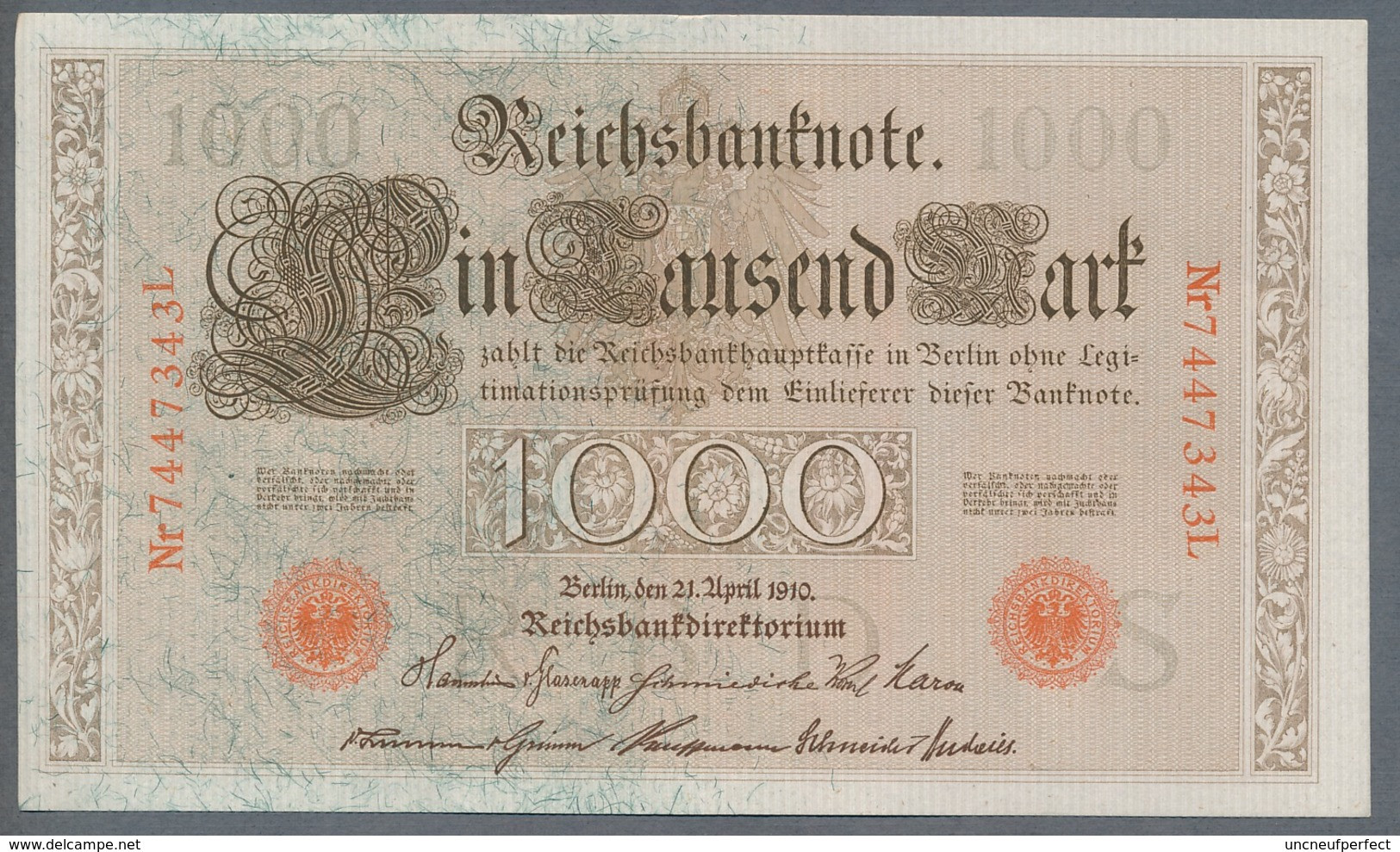 P44b Ro 45c DEU-40c  7 Chifres N°7447343L *** UNC NEUF *** Lettre  S  1000 Mark 1910 - 1000 Mark