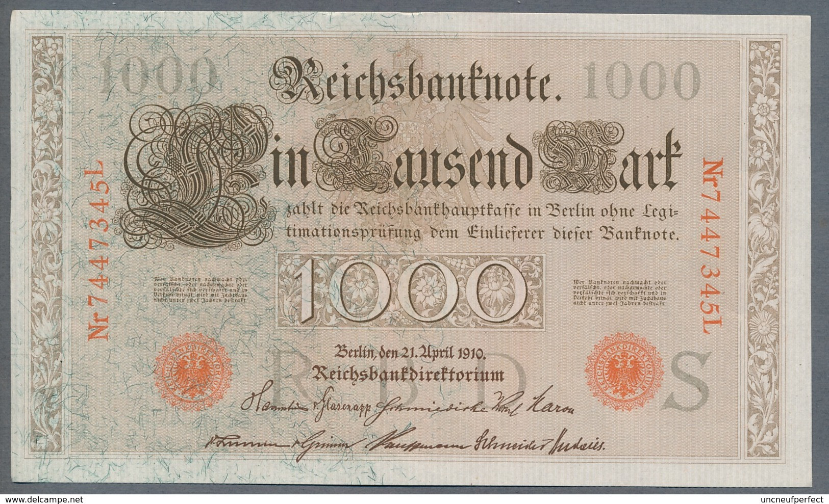 P44b Ro 45c DEU-40c  7 Chifres N°7447345L *** UNC NEUF *** Lettre  S  1000 Mark 1910 - 1.000 Mark