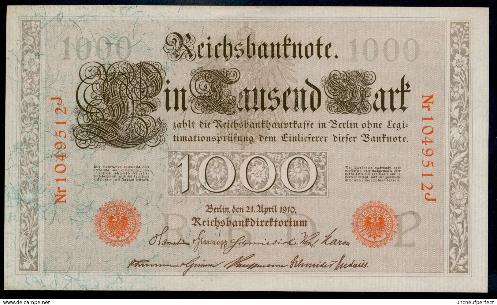 P44b Ro 45c DEU-40c  7 Chifres N°1049512J *** UNC NEUF *** Lettre  P  1000 Mark 1910 - 1.000 Mark