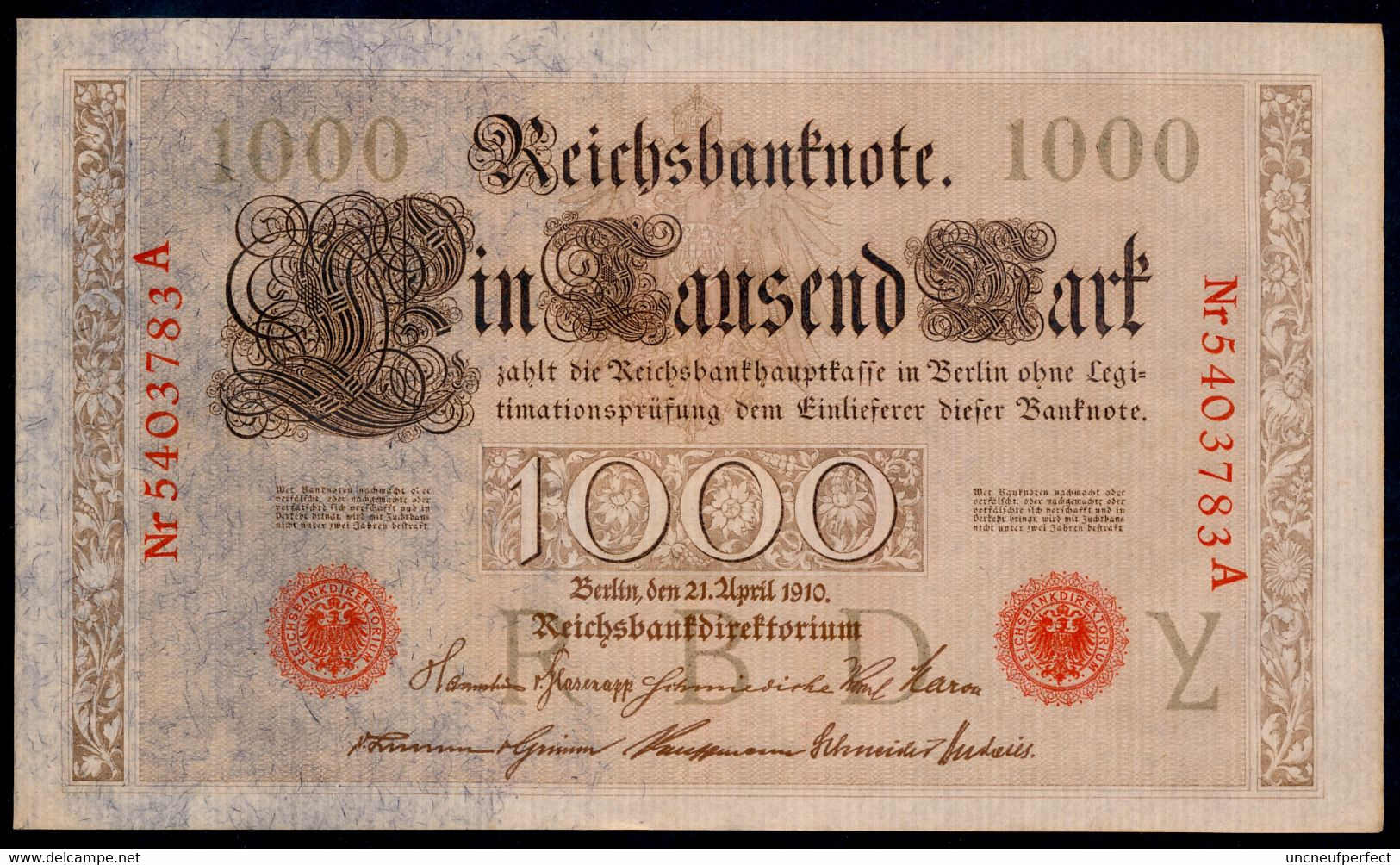 P44b Ro 45b DEU-40b  7 Chifres N°5403783  *** UNC NEUF ** Lettre Y  1000 Mark 1910 - 1000 Mark