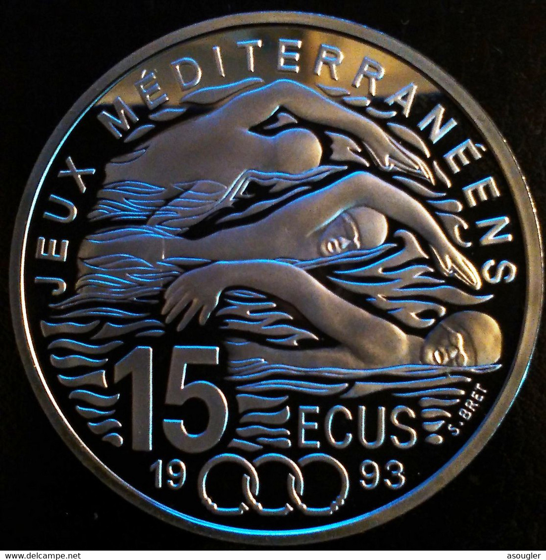 France 100 FRANCS - 15 ECUS 1993 Silver Proof KM# 1029 "Mediterranean Games" (free Sipping Via Registered Air Mail) - Essays & Proofs