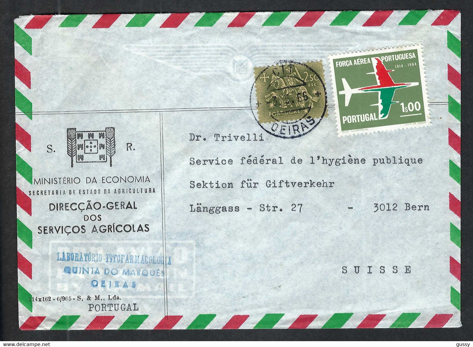 PORTUGAL 1965:  LSC Par Avion De Oeiras Pour La Suisse  Affr. De 3,5E - Storia Postale