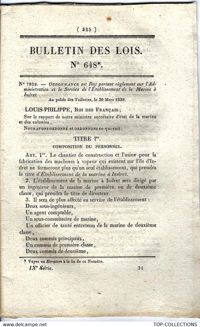 1839 LOI REORGANISATION MARINE FORGES MANUFACTURE ROYALE D’ INDRET Près Nantes Loire Atlantique - Decretos & Leyes