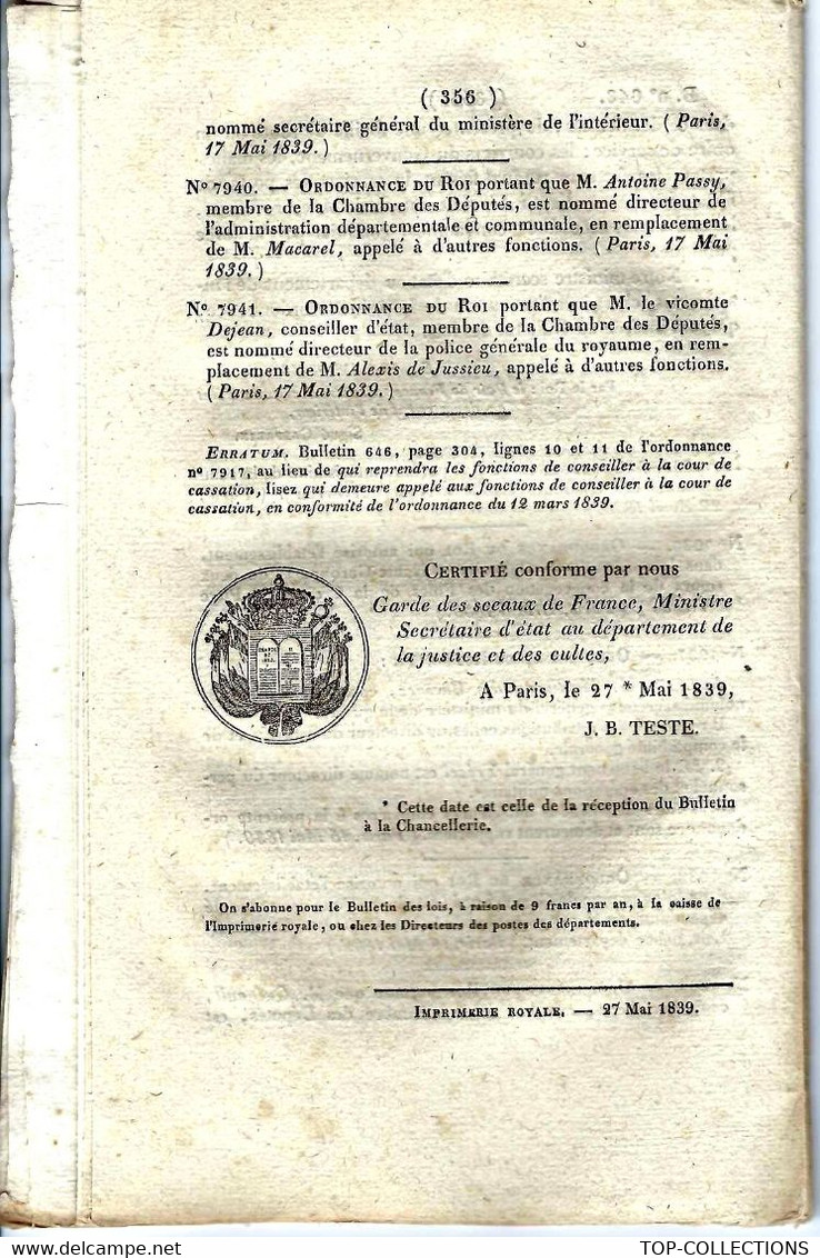 1839 LOI REORGANISATION MARINE FORGES MANUFACTURE ROYALE D’ INDRET Près Nantes Loire Atlantique - Décrets & Lois