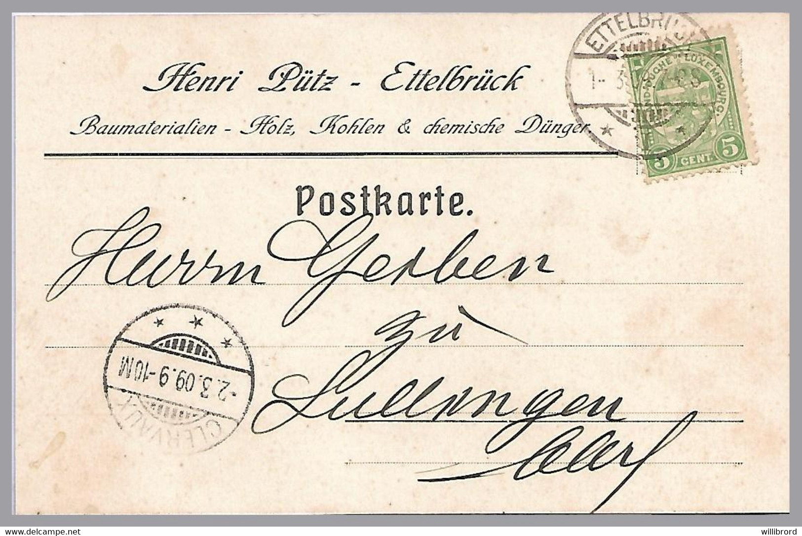 LUXEMBOURG - 5c Arms On Advertising Postcard - HENRI PUTZ, ETTELBRUCK In 1909 - 1907-24 Ecusson