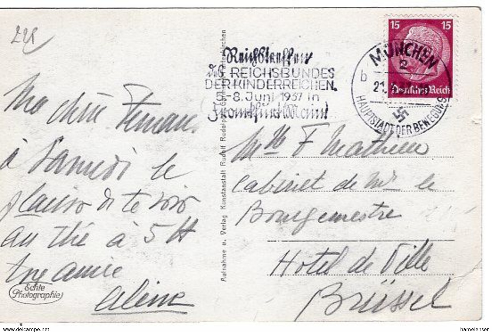 51165 - Deutsches Reich - 1937 - 15Pfg. Hindenburg EF A AnsKte MUENCHEN - ... REICHSBUND DER KINDERREICHEN .. -> Belgien - Sonstige & Ohne Zuordnung