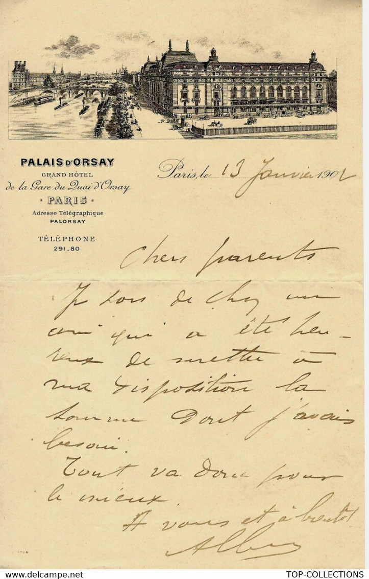 1902  Art Nouveau QUAND LE MUSEE D' ORSAY ETAIT UNE GARE ET UN HOTEL  SUPERBE ENTETE LETTRE SIGNEE VOIR SCANS - Manuscrits