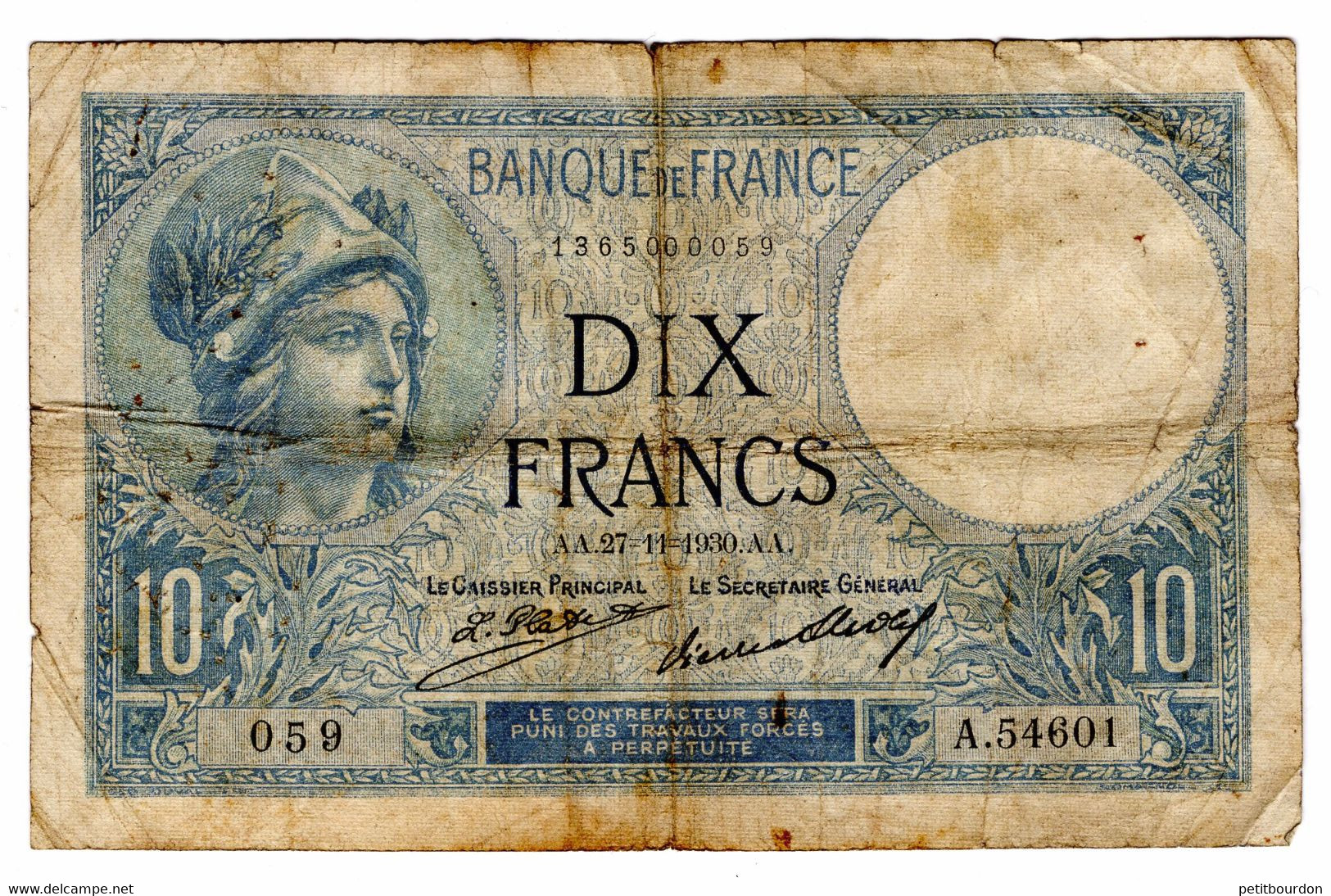 Billet France - 10 Francs Minerve - AA.27=11=1930.AA - 10 F 1916-1942 ''Minerve''