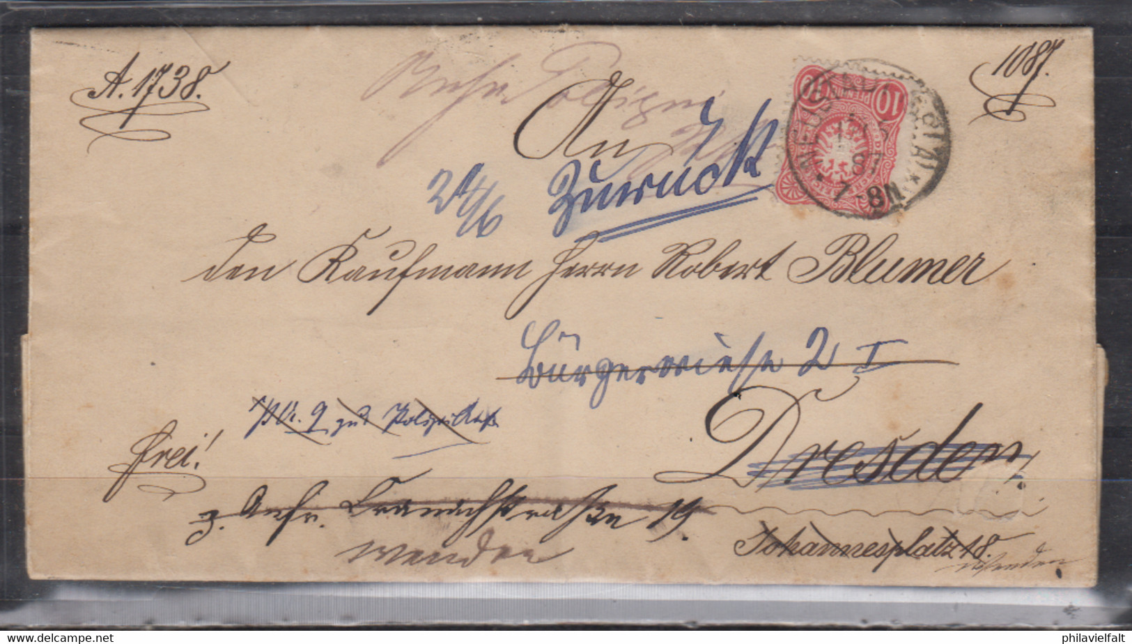 Dt.Reich Dienstbrief Neustadt A.D.Orla 1887 M. 1x 41 Nach Dresden Div.Zustellversuche Und Violetter Aufkleber  Post-Amt - Storia Postale