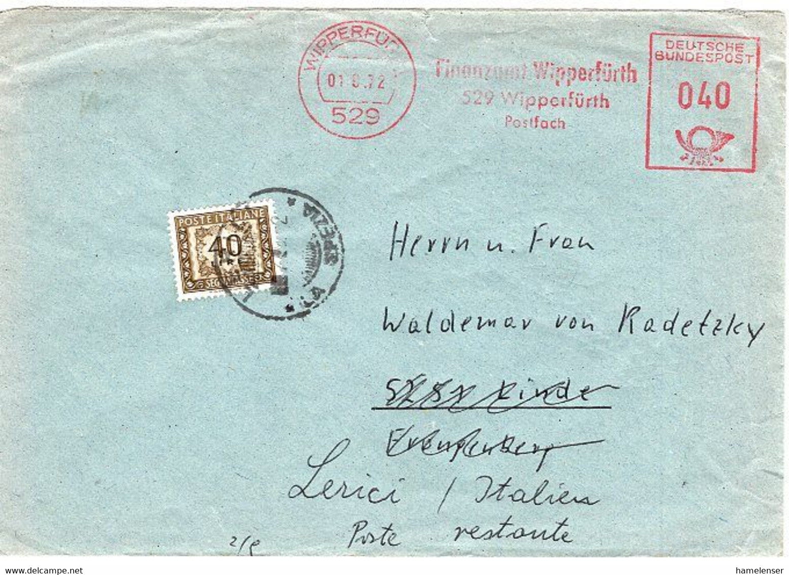 51177 - Bund - 1972 - 40Pfg. AbsFreistpl. WIPPERFUERTH - VIEHNANZAMT ... -> Linde, Nachgesandt -> LERICI (Italien) - Strafport