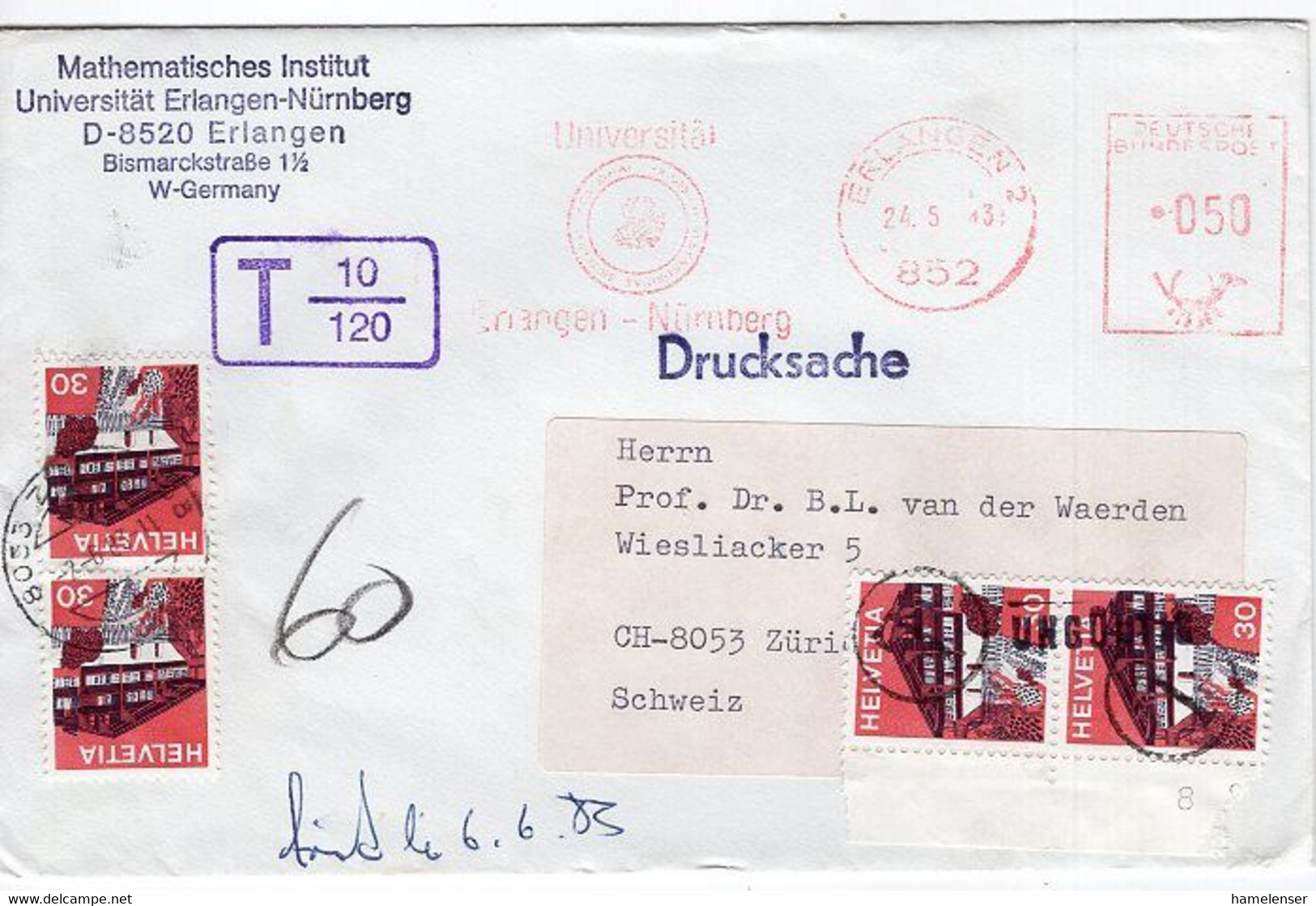 51180 - Bund - 1983 - 50Pfg. AbsFreistpl. ERLANGEN - ... -> ZUERICH (Schweiz), M. Dauermarken Als Portomarken Gebraucht - Briefe U. Dokumente