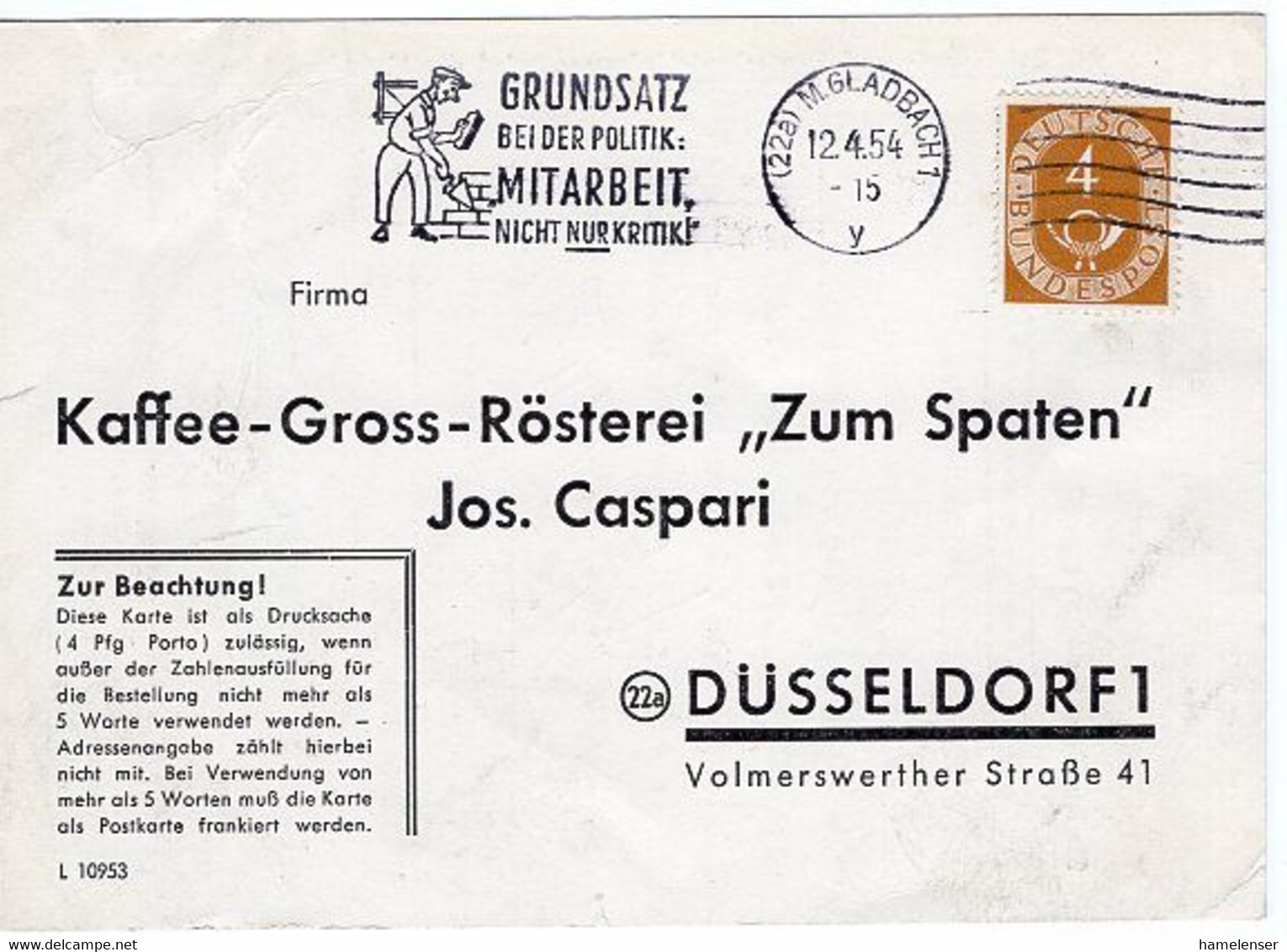 51182 - Bund - 1954 - 4Pfg. Posthorn A DrucksKte M.GLADBACH - GRUNDSATZ BEI DER POLITIK ... -> Duesseldorf - Storia Postale
