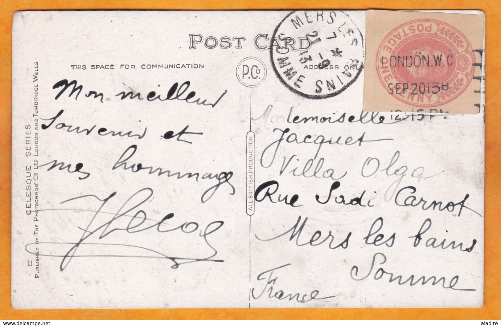 1913 - George V -  Carte Postale De Londres London Vers Mers Les Bains, France - Postage One Penny - Covers & Documents