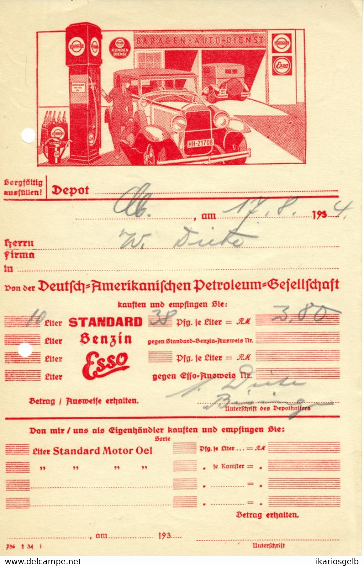 HAMBURG 1934 Rechnung Farbig, Besonders Deko " Tankstelle Oldtimer Standard- Esso - Benzin " - Auto's