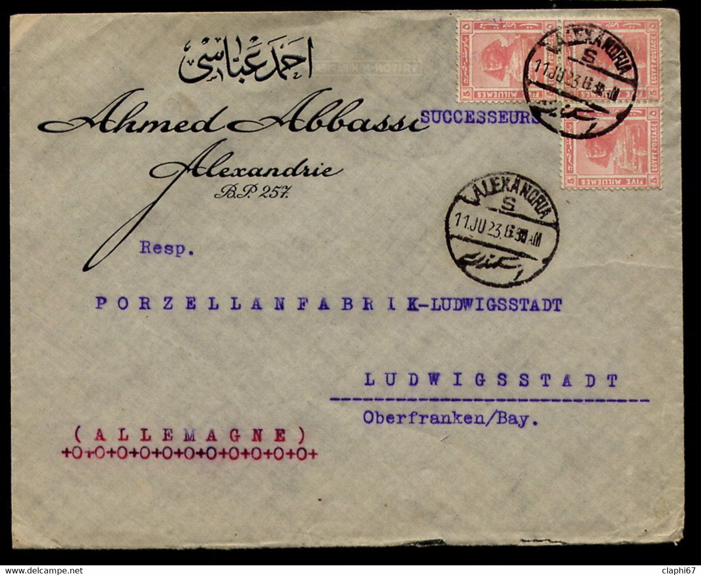 Egypte Lettre De 1923 Alexandrie -> Allemagne Ludwigsstadt Voir Scan Sphinx - 1915-1921 British Protectorate