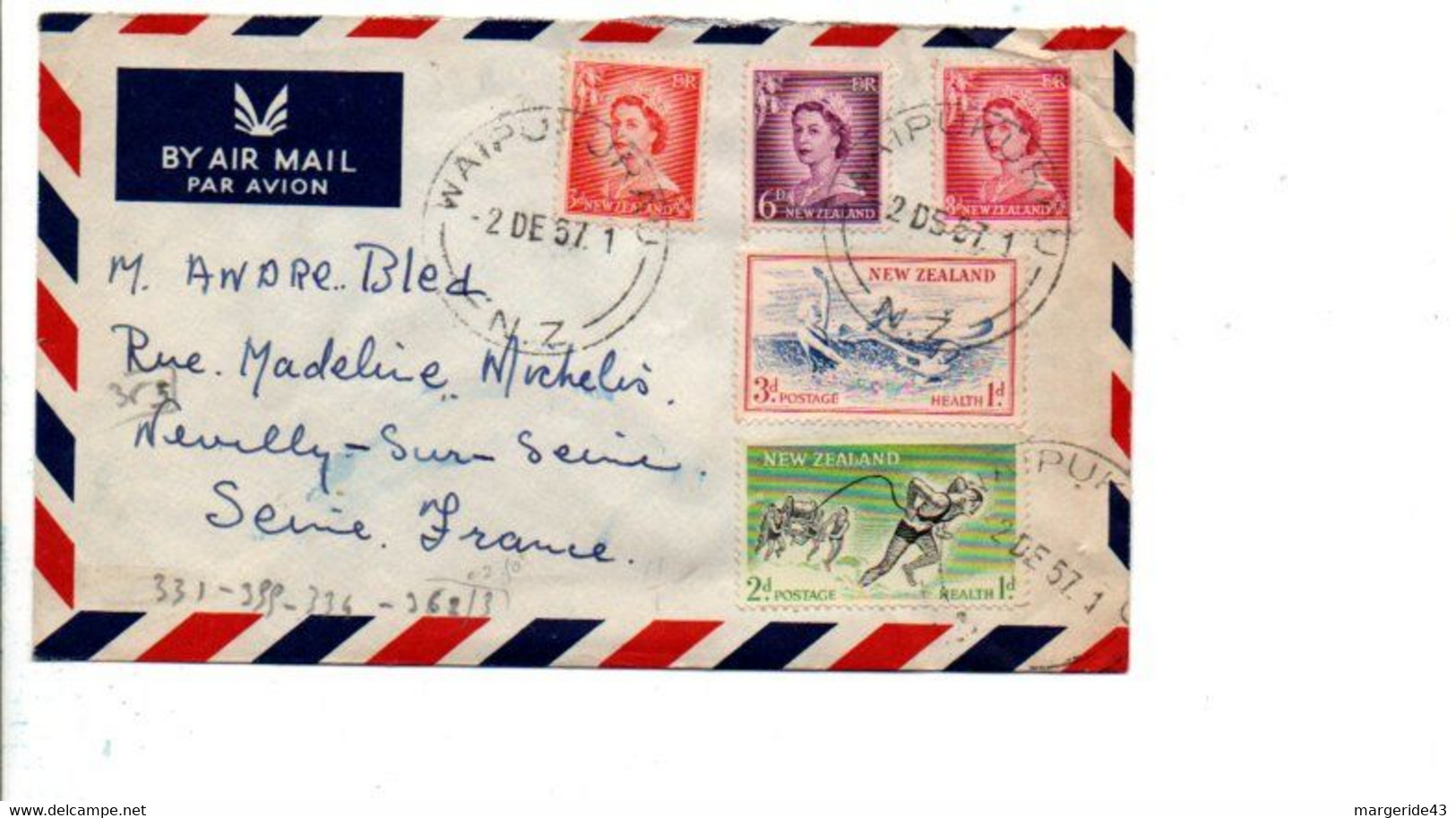 NOUVELLE ZELANDE AFFRANCHISSEMENT COMPOSE SUR LETTRE POUR LA FRANCE 1957 - Cartas & Documentos