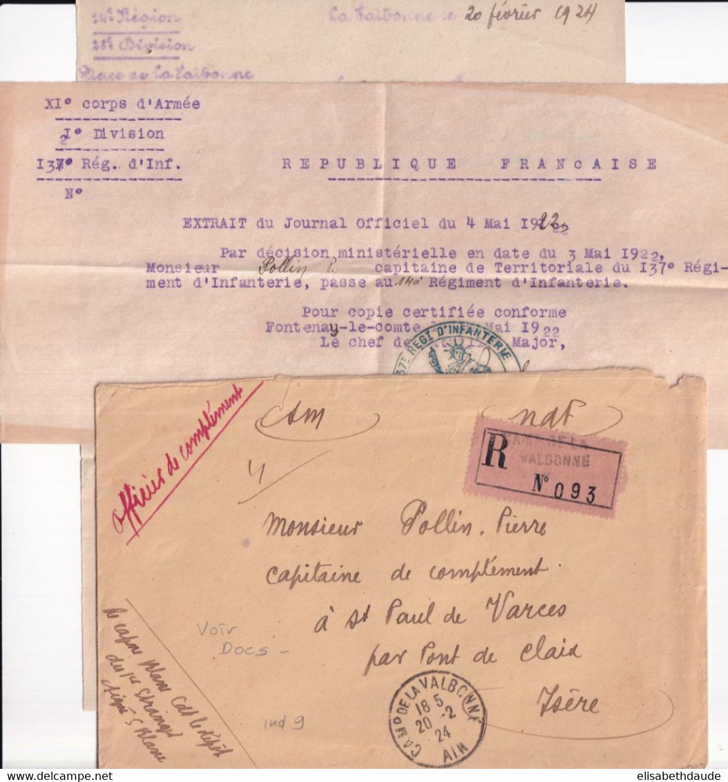 1924 - ENVELOPPE RECO. FM Du DEPOT Du 1° ETRANGER ! CAMP DE VALBONNE (AIN) - ORDRE D'AFFECTATION OFFICIER De COMPLEMENT - Military Postmarks From 1900 (out Of Wars Periods)