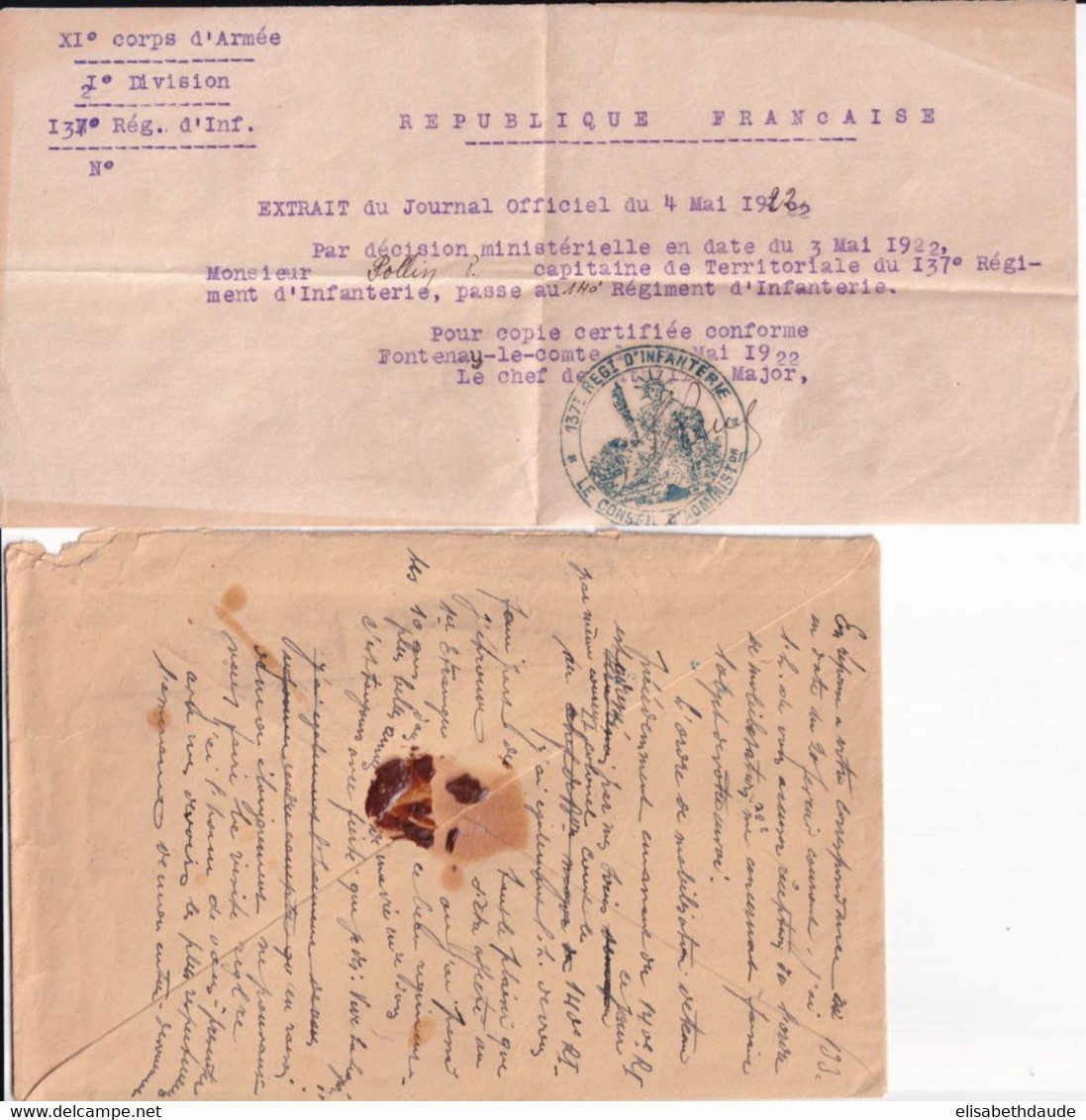 1924 - ENVELOPPE RECO. FM Du DEPOT Du 1° ETRANGER ! CAMP DE VALBONNE (AIN) - ORDRE D'AFFECTATION OFFICIER De COMPLEMENT - Bolli Militari A Partire Dal 1900 (fuori Dal Periodo Di Guerra)