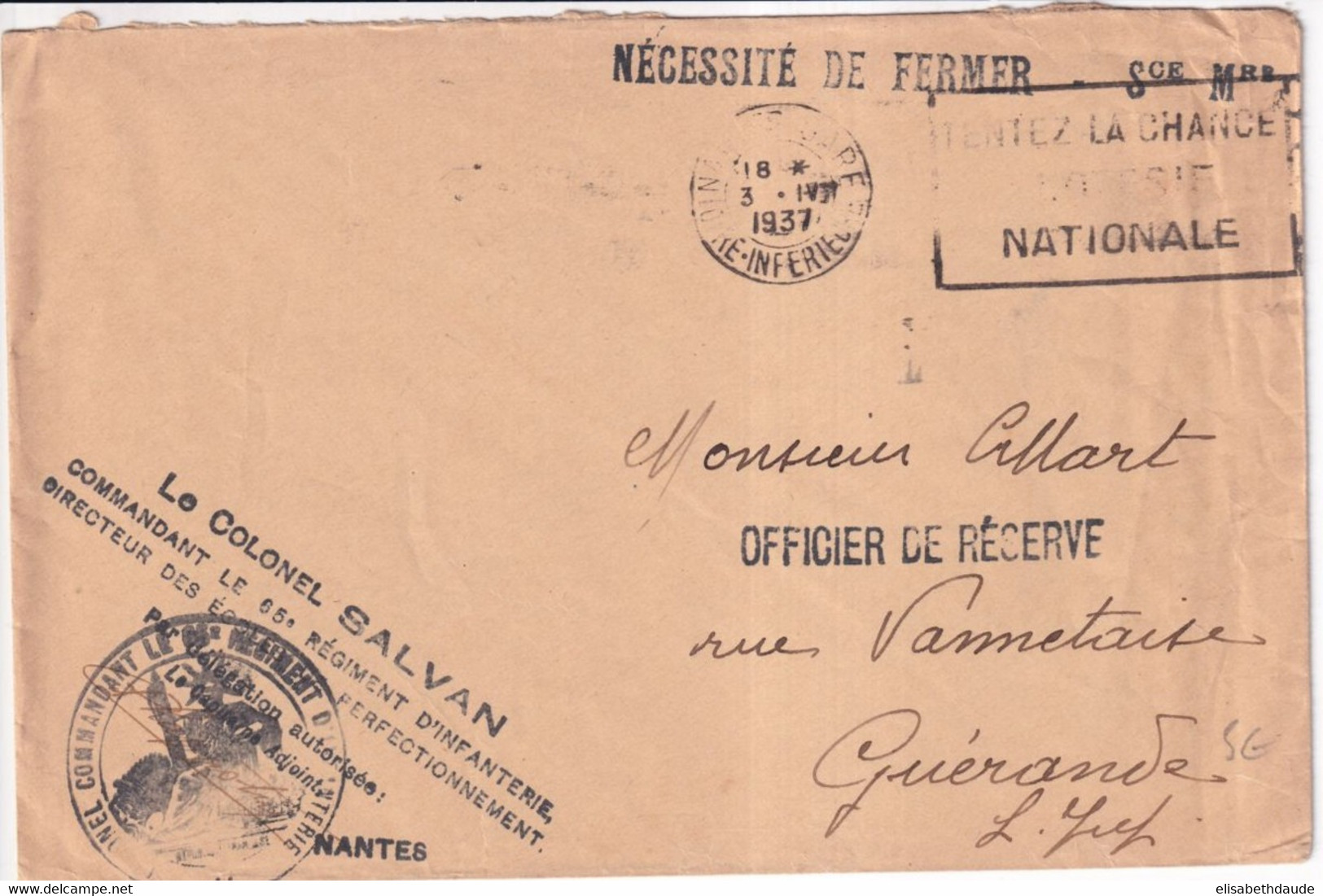 1937 - ENVELOPPE FM Avec CACHET Du COLONEL SALVAN COMMANDANT LE 65° RI à NANTES (LOIRE INFERIEURE) => GUERANDE - Sellos Militares Desde 1900 (fuera De La Guerra)