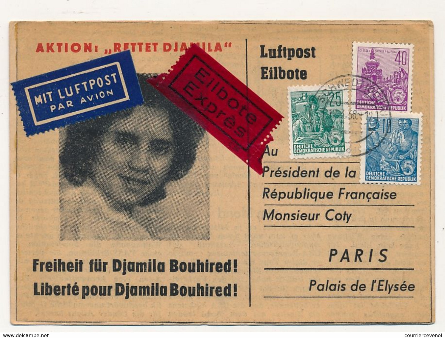 Carte Pétition Pour La Libération De Djamila Bouhired - 1958 - DDR => Président Coty (Guerre D'Algérie) - Covers & Documents