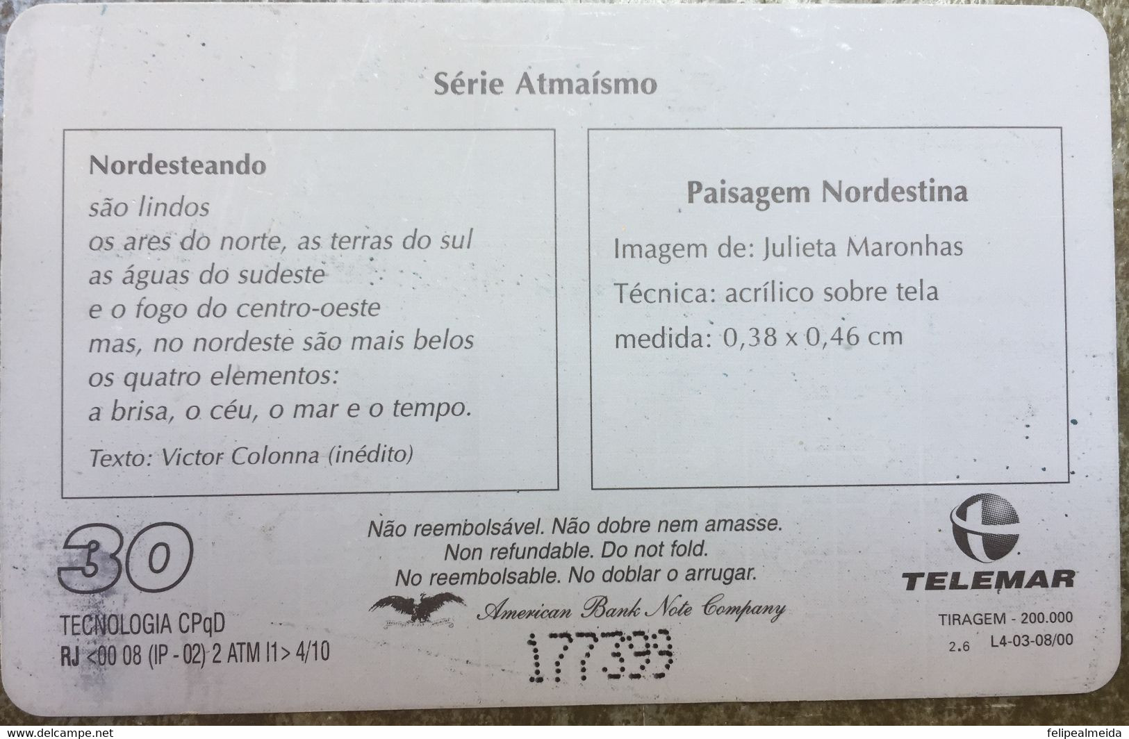 Phone Card Manufactured By Telemar In 2000 - Series Atmaism - Painting Landscape Northeast - Painter Julieta Maronhas - - Peinture