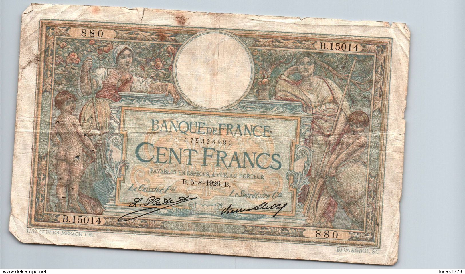 100 FRANCS 5/8/1926 - 100 F 1908-1939 ''Luc Olivier Merson''