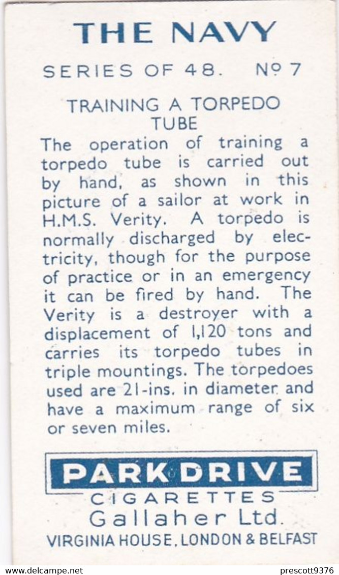 The Navy 1937 - 7 Training A Torpedo, HMS Verity  - Gallaher Cigarette Card - Original - Military - Gallaher