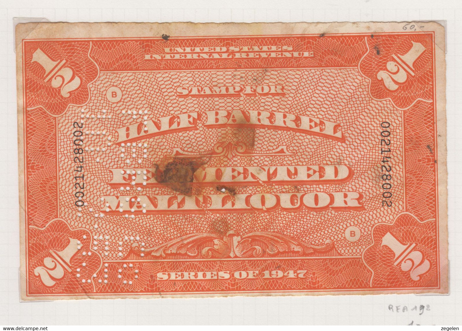 Verenigde Staten Scott Cataloog Revenue Stamps Beer Stamps REA192 - Revenues