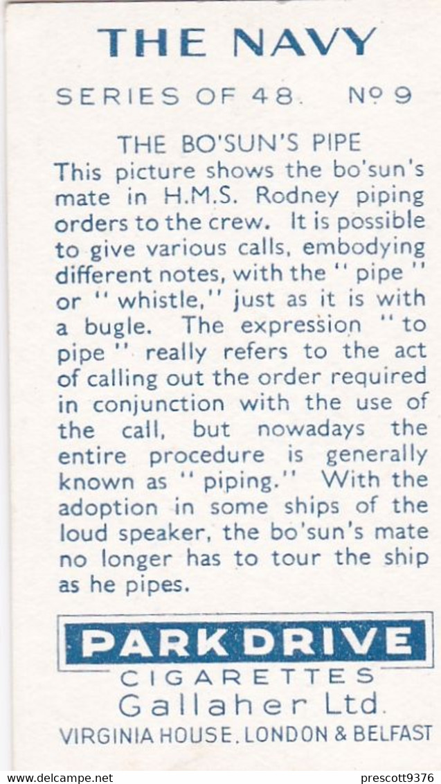 The Navy 1937 - 9 Bosons Pipe, HMS Rodney  - Gallaher Cigarette Card - Original - Military - Gallaher