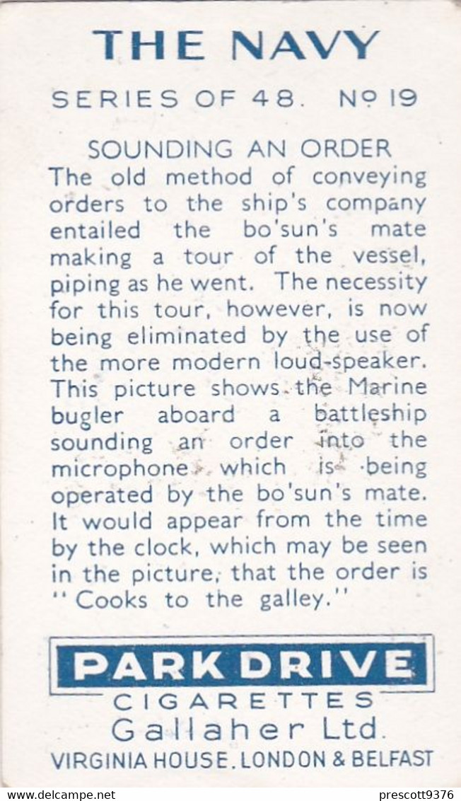 The Navy 1937 - 19 Sounding An Order - Gallaher Cigarette Card - Original - Military - Gallaher