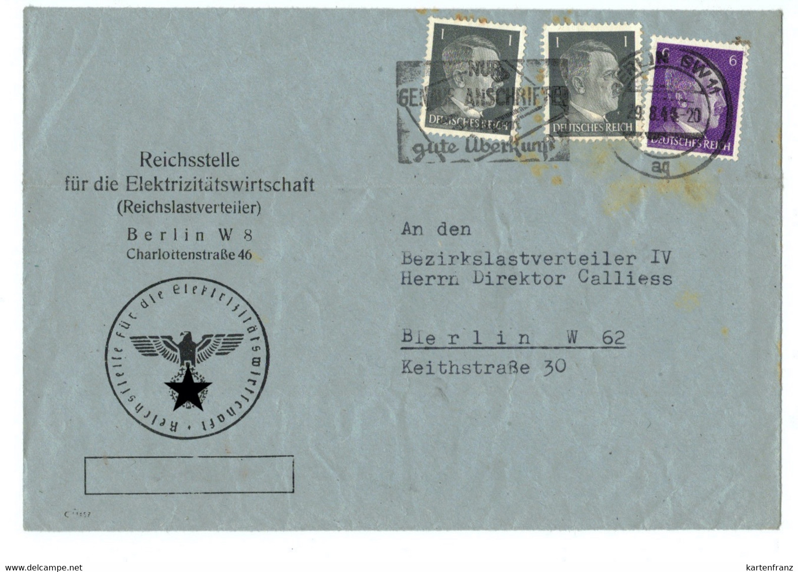 DR Brief Berlin Reichsstelle Elektrizitätswirtschaft Reichslastverteiler - O 1944 - 3.Reich - Covers & Documents