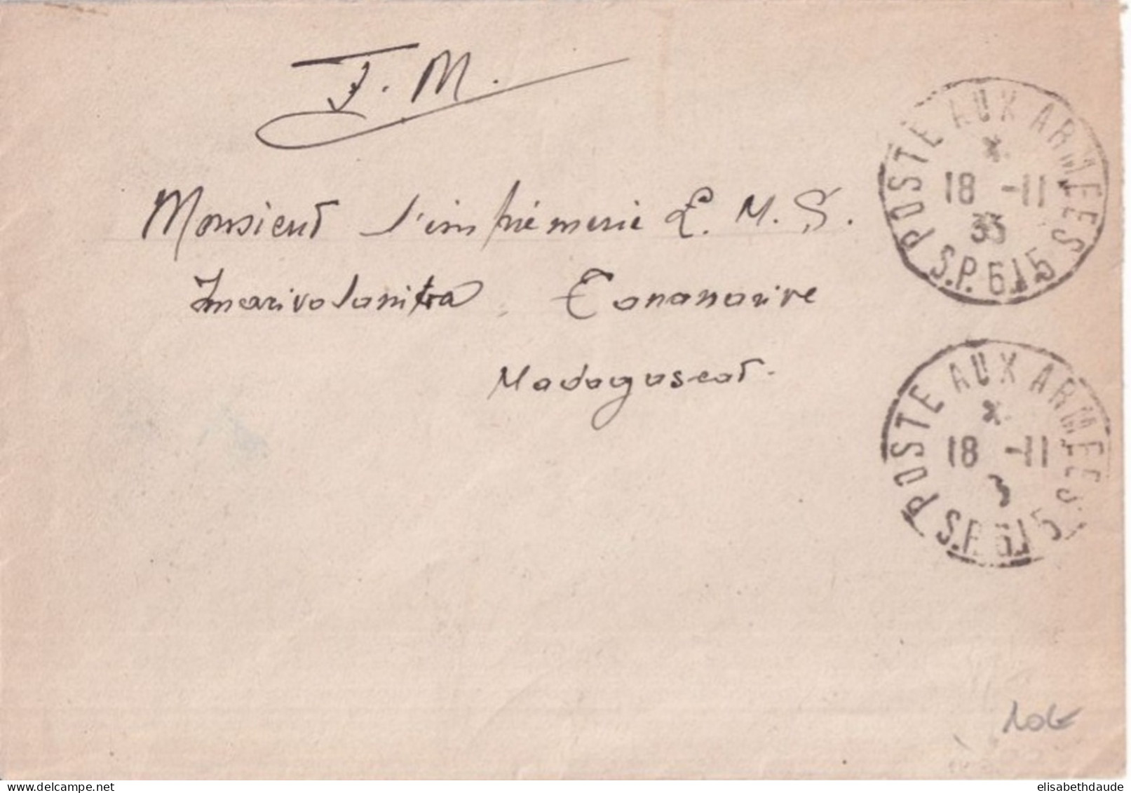 1935 - LEVANT - ENVELOPPE FM Du SECTEUR POSTAL 615 ! => TANANARIVE (MADAGASCAR) ! - Military Postmarks From 1900 (out Of Wars Periods)