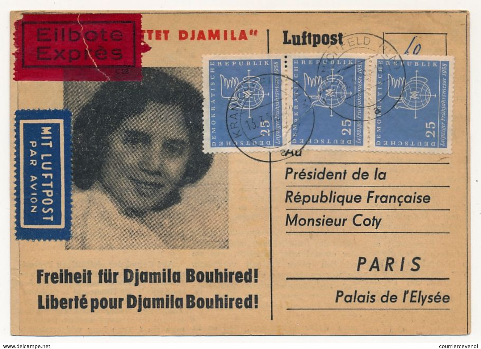 Carte Pétition Pour La Libération De Djamila Bouhired - 1958 - DDR => Président Coty (Guerre D'Algérie) - Lettres & Documents