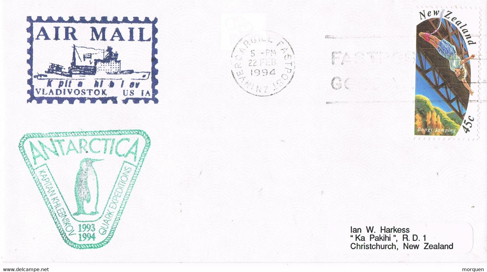 43967. Carta Aerea INVERCATGILL (New Zealand) 1994.  ANTARCTICA, Valdivostok - Briefe U. Dokumente