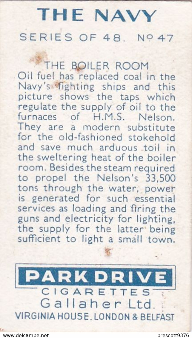 The Navy 1937 - 47 The Boiler Room  - Gallaher Cigarette Card - Original - Military - Gallaher