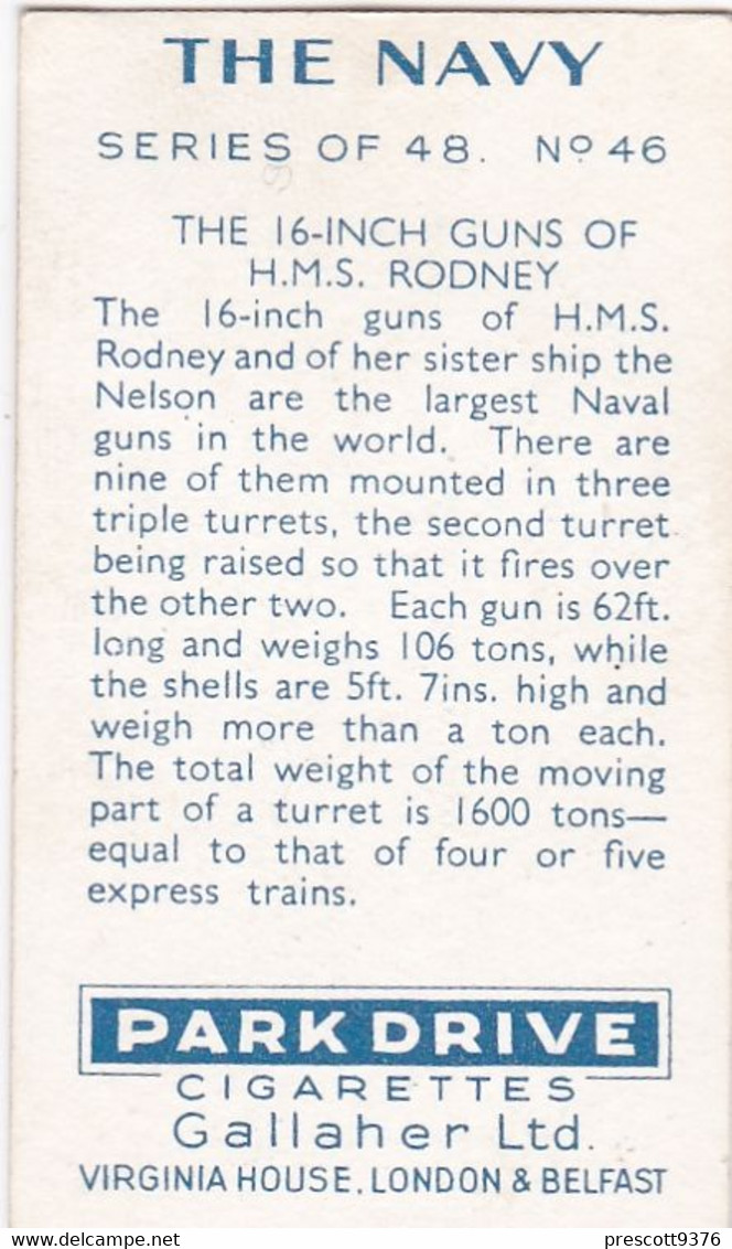 The Navy 1937 - 46 HMS Rodney's 16in G@ns  - Gallaher Cigarette Card - Original - Military - Gallaher