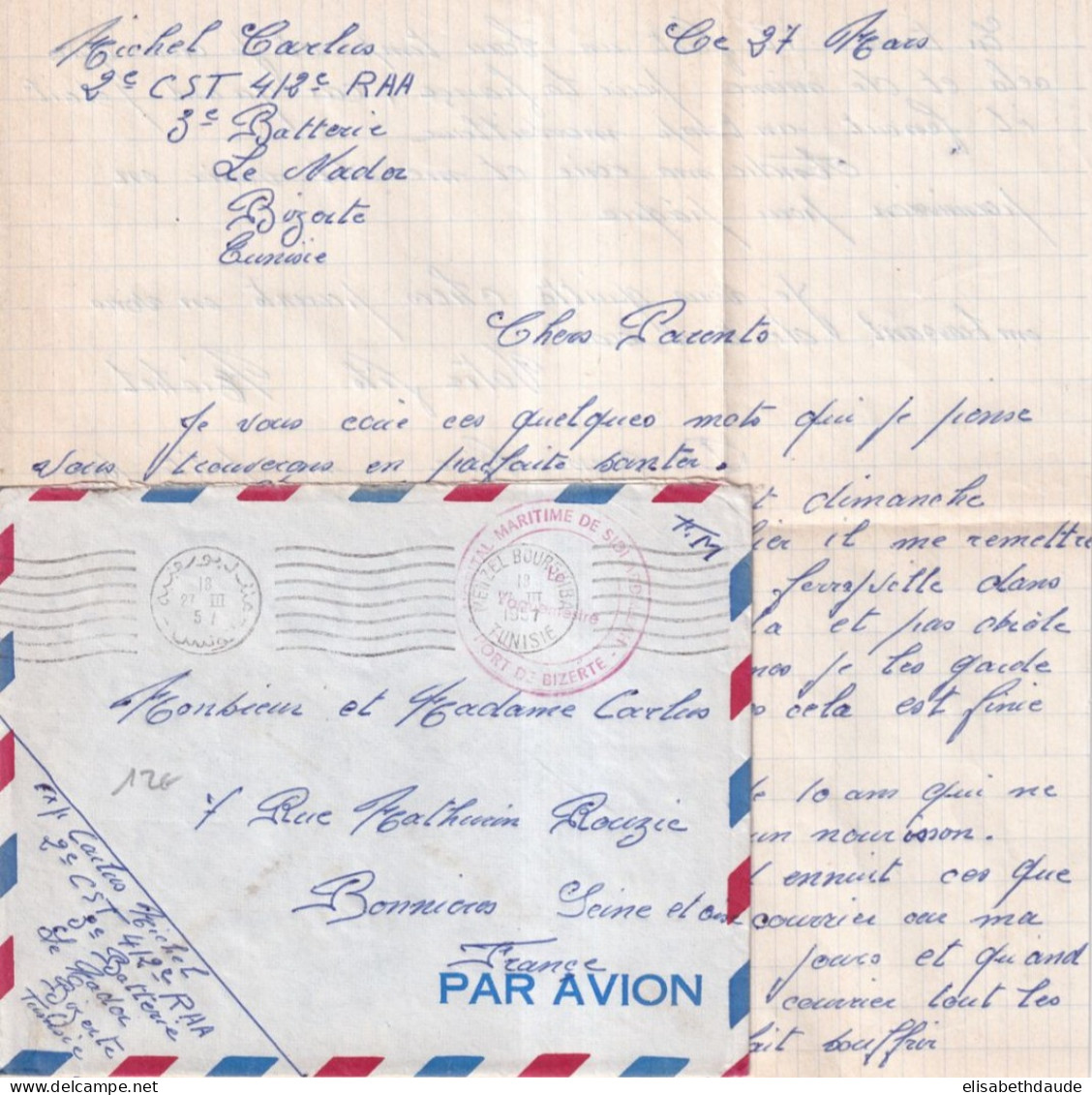 1957 - HOPITAL MARITIME De SIDI ABDALLAH TUNISIE ! - LETTRE FM De MENZEL BOURGHIBA => BONNIERES - Military Postmarks From 1900 (out Of Wars Periods)