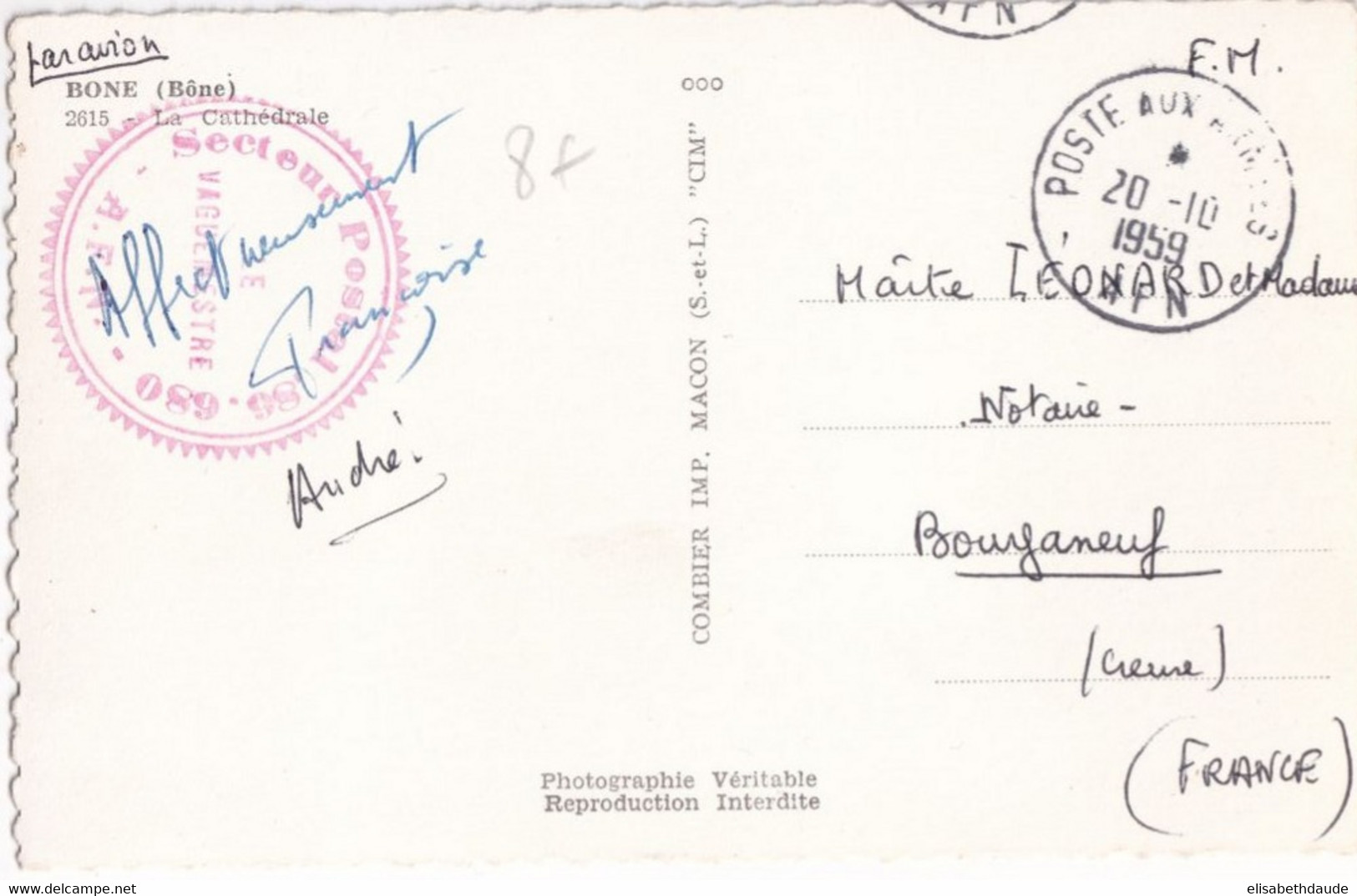 1959 - GUERRE ALGERIE - CARTE Du SECTEUR POSTAL 680 ! De BONE => BOURGANEUF (CREUSE) - Guerre D'Algérie