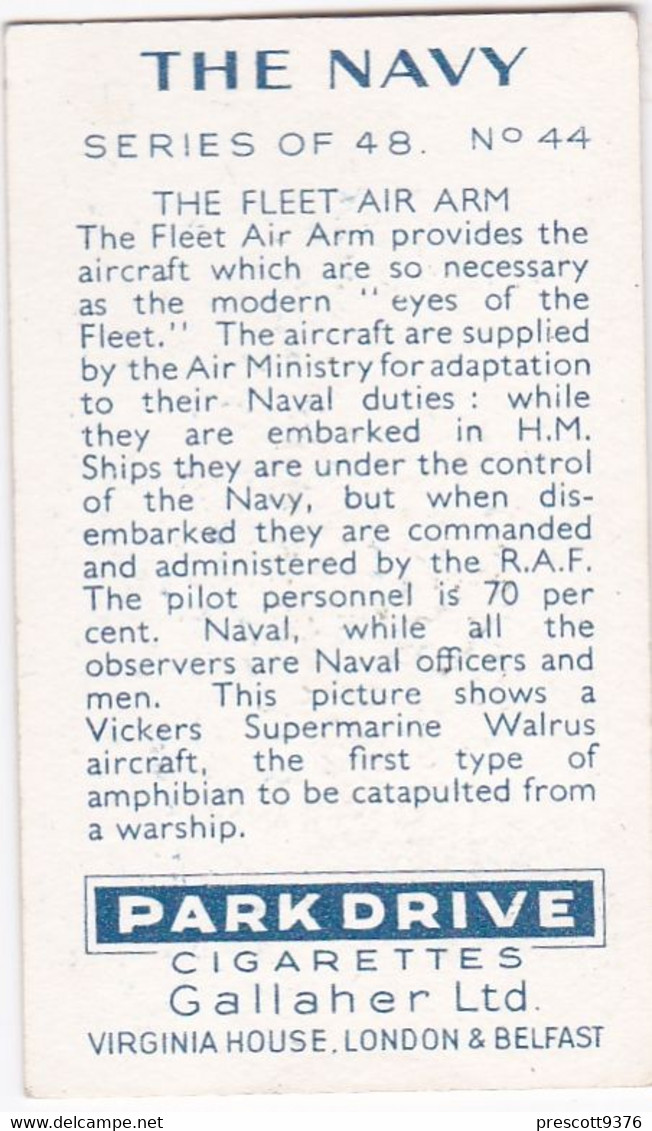 The Navy 1937 - 44 Fleet Air Arm  - Gallaher Cigarette Card - Original - Military - Gallaher